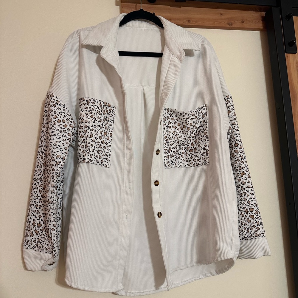 White cheetah print corduroy button up
